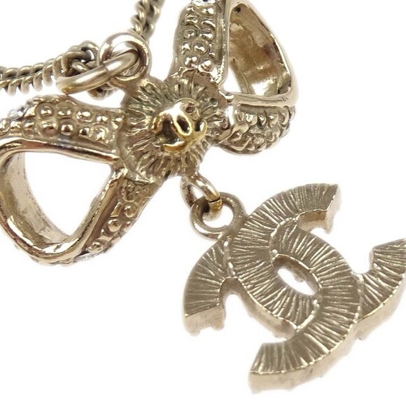 Chanel Gold Chain Pendant Necklace Rhinestone Bow CC - Picture 4 of 6